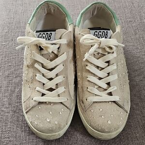 GGDB Distressed Ice Gray Sneakers with Teal Accents And Faux Raindrops. Size 37